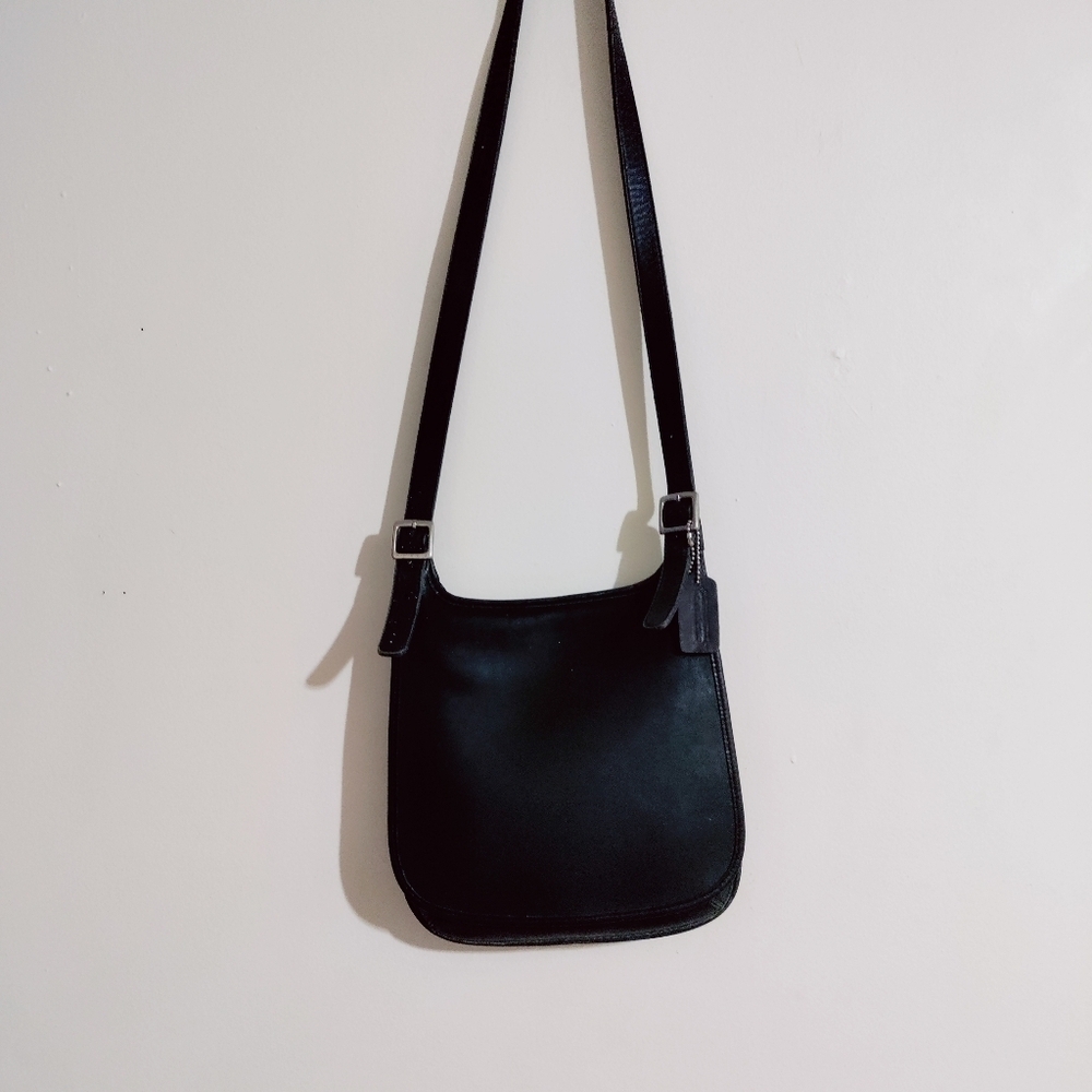 Vintage Coach Black Leather Slim Hippie Flap Crossbody Saddle Messenger Bag 9135